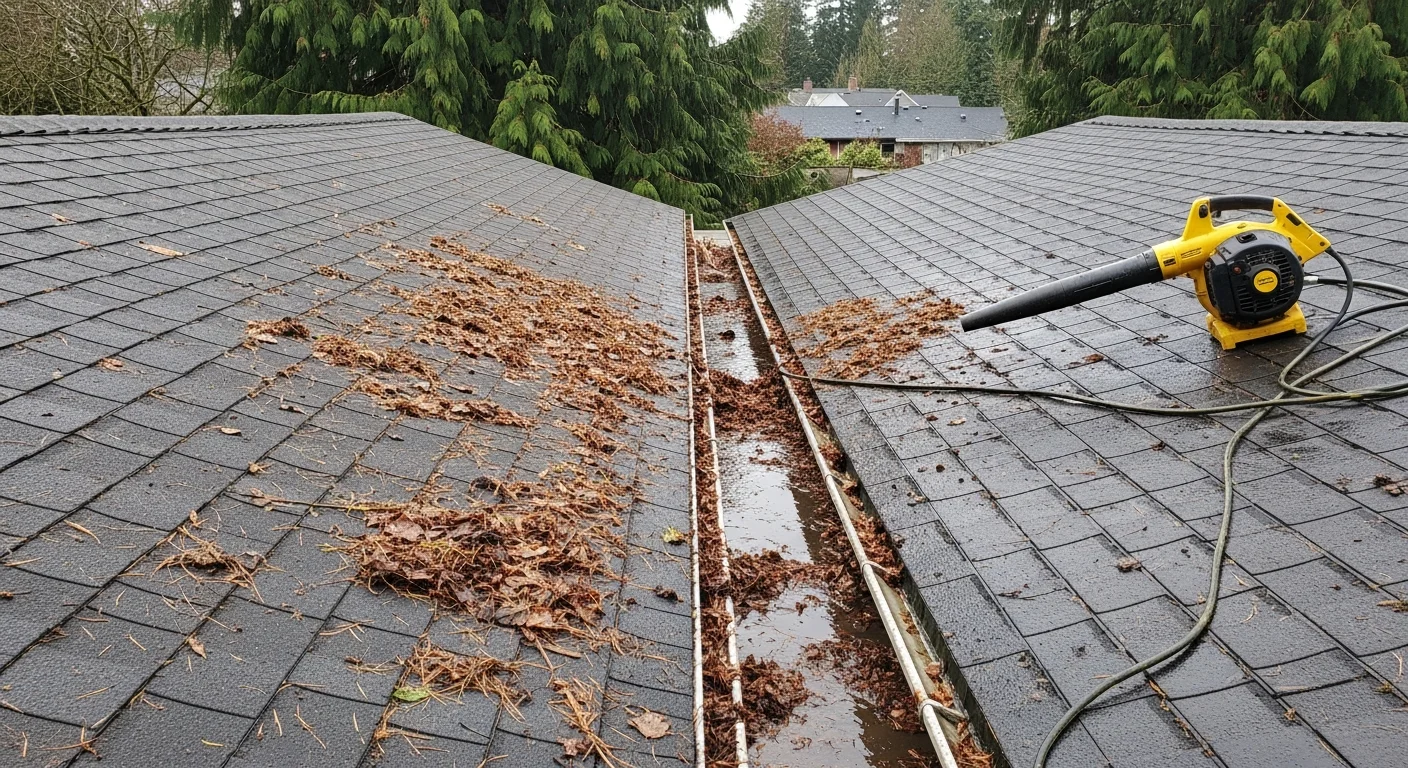 A SeaTac residential roof after debris removal, showing clean shingle surfaces with cleared valleys and gutters free of leaves and organic buildup. The roof pitch and surrounding tree line reflect the typical King County environment where debris accumulation is a regular maintenance concern.
