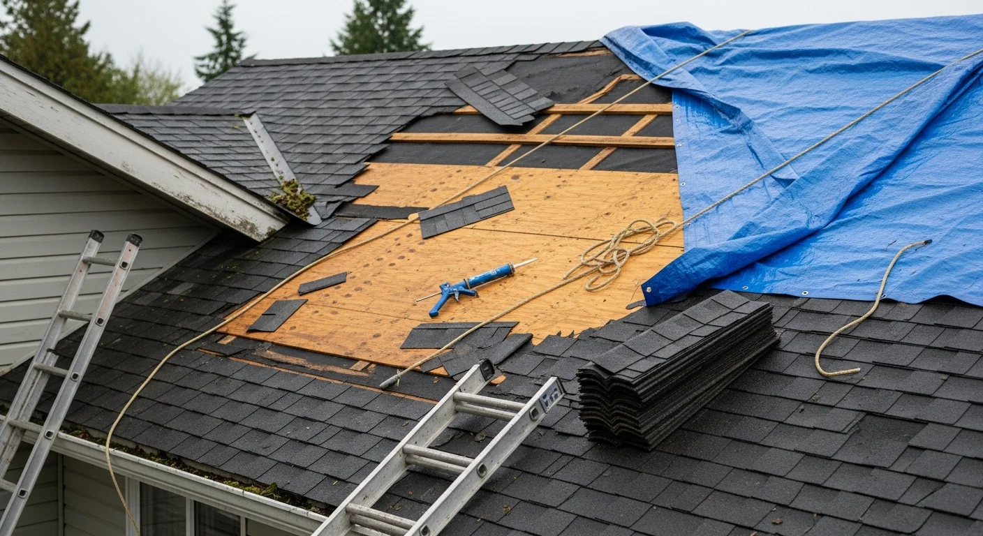 A SeaTac residential roof with visible storm damage including lifted shingles and an exposed decking section, with a roofing crew from Second Chance Roofs applying protective tarping during a rain event. Close-up view shows damaged flashing at the roof edge with wet shingles and debris from a Pacific Northwest windstorm.
