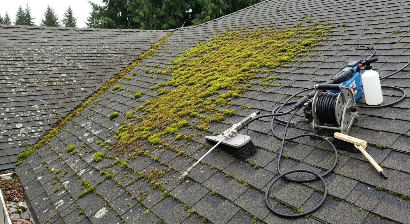 A SeaTac residential roof with thick green moss growth across the shingle surface, showing the buildup common on Pacific Northwest homes with heavy tree cover. The same roofline after professional low-pressure moss removal by Second Chance Roofs, with clean shingles and cleared gutters visible.