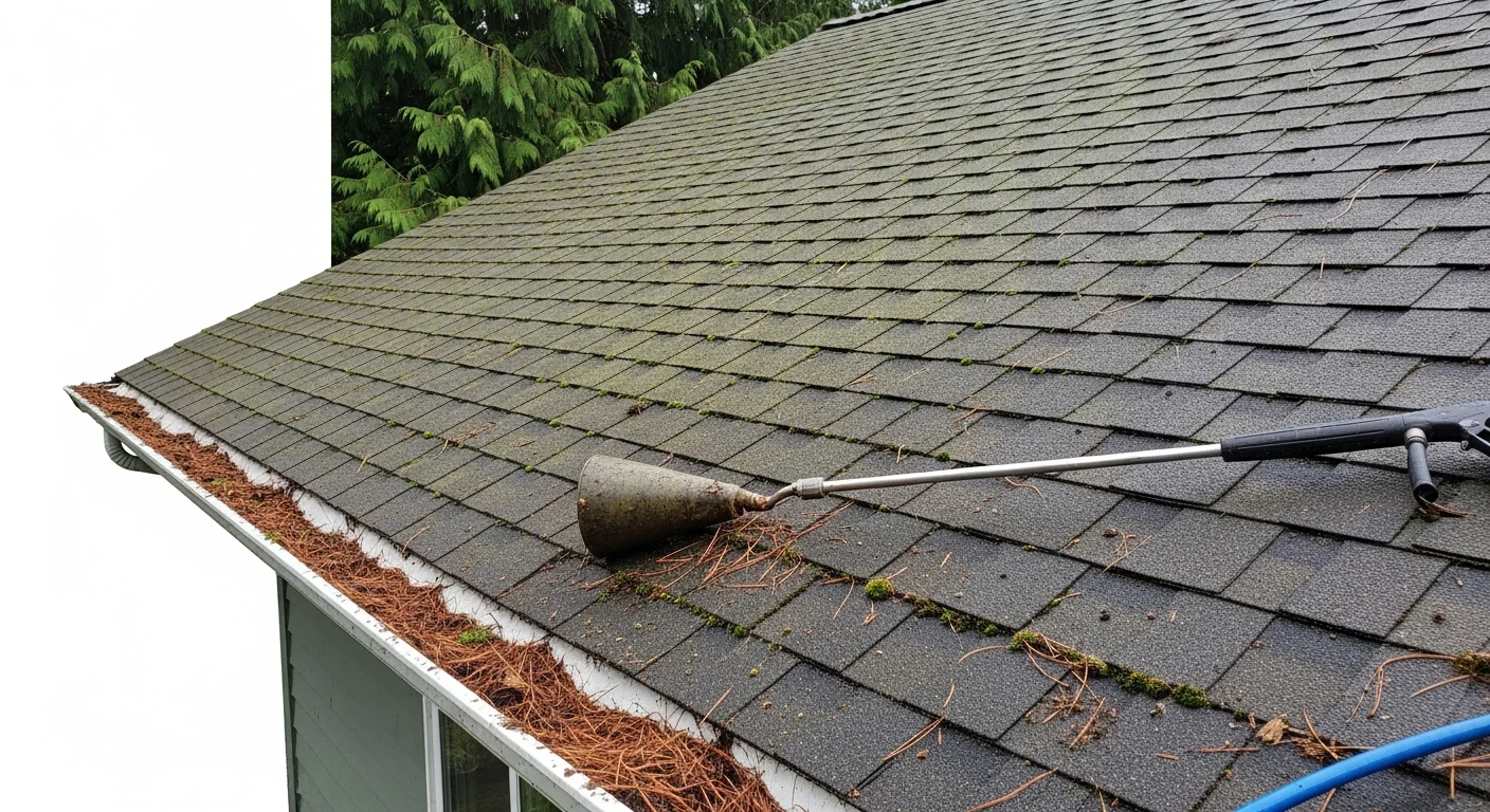 A SeaTac residential roof after professional moss and algae removal, showing clean shingles with no green growth or dark streaking. A soft-wash cleaning setup is visible at the roofline against a typical Pacific Northwest overcast sky.
