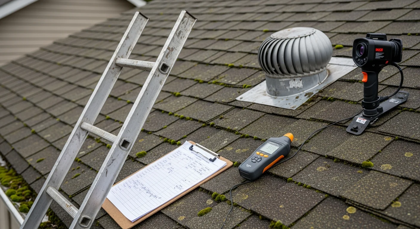 A roofing contractor from Second Chance Roofs inspecting shingles and flashing on a residential roof in SeaTac, Washington. The image shows moss buildup along the roof edge and a close-up view of worn shingle granules typical of Pacific Northwest homes.