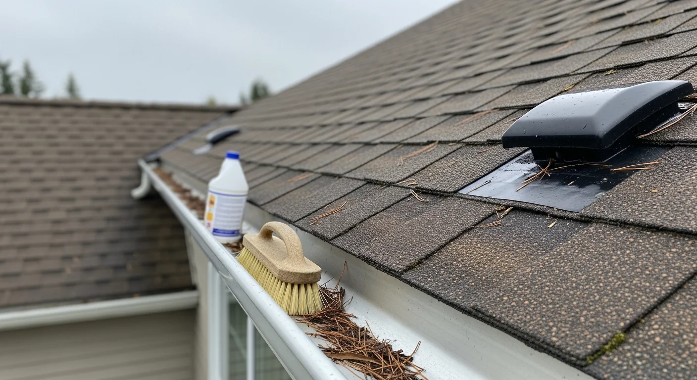 A SeaTac residential roof after moss removal and maintenance service, showing clean shingles with cleared valleys and treated surfaces. A Second Chance Roofs technician inspects flashing along the roofline of a Pacific Northwest home.