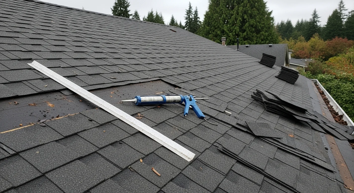 A SeaTac residential roof with missing shingles and lifted flashing after a Pacific Northwest windstorm, showing a roofing contractor from Second Chance Roofs completing storm damage repairs. Close-up view of repaired shingle sections and resealed roof edge on a typical single-family home.